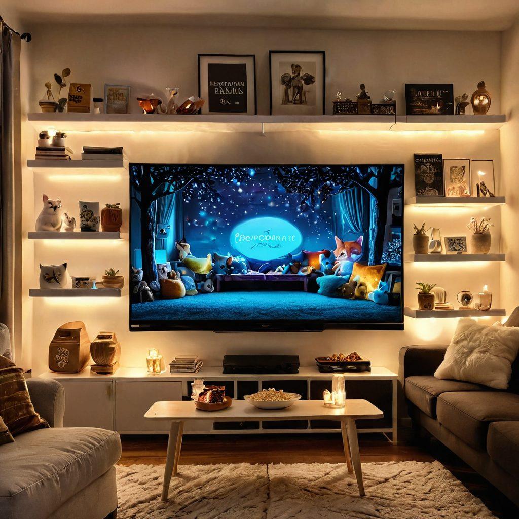 A cozy living room setup with a large screen displaying a classic film, popcorn in stylish bowls, and a glowing projector. Include a neatly organized shelf filled with various movie genres, from action to romance, surrounded by soft fairy lights for ambiance. A cat is curled up on a plush couch, adding warmth to the scene. super-realistic. vibrant colors.