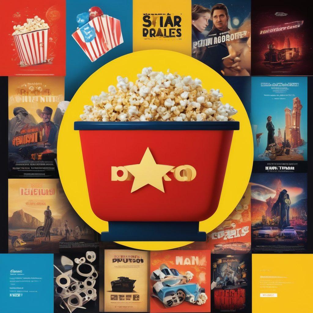 A vibrant collage showcasing various movie genres, with film reels, popcorn, and a mystical film projector. The background transitions through colors representing different moods: thrillers in dark red, comedies in bright yellow, and dramas in soft blue. In the foreground, an imaginative ranking chart with star ratings and a filmstrip holding iconic movie scenes. Playful typography weaving through the image. super-realistic. vibrant colors. dynamic composition.