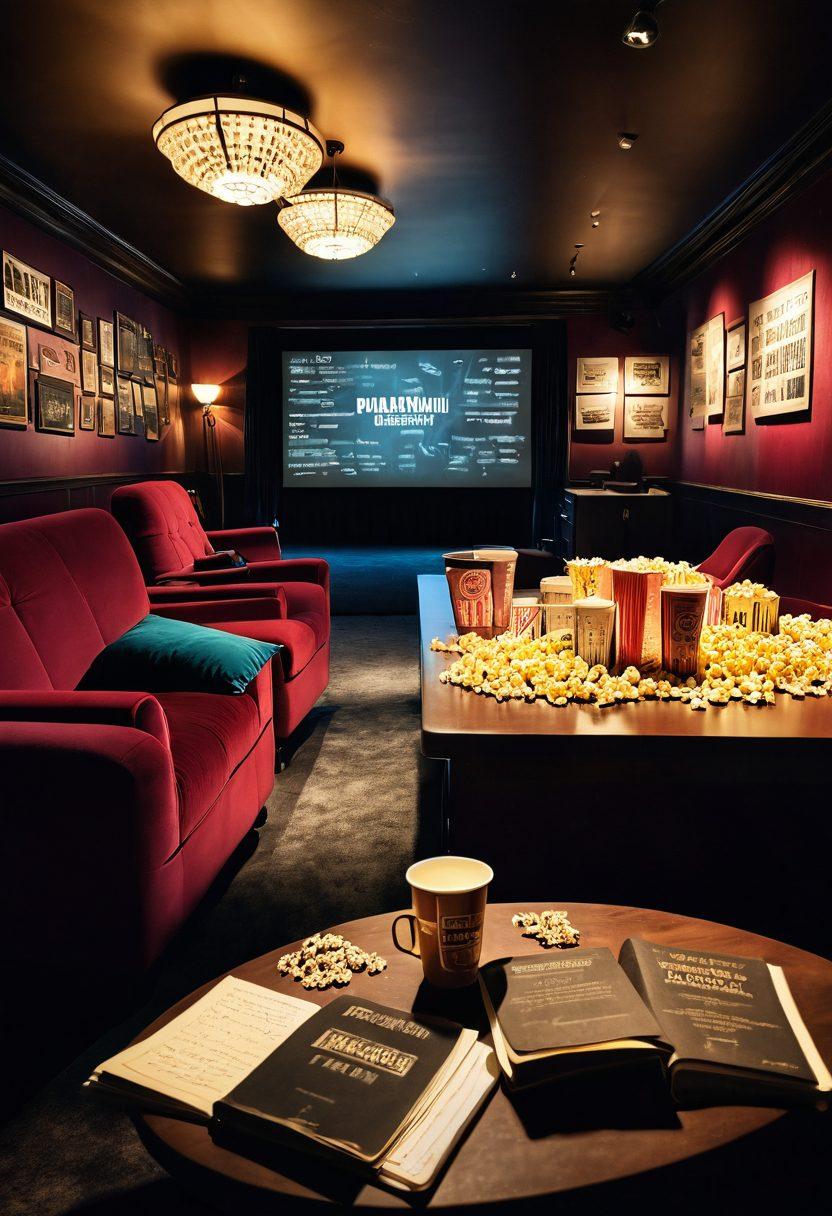 A cozy cinema scene with plush velvet seats, soft dim lighting, and vintage film posters adorning the walls. In the foreground, a film reel spills out on a table surrounded by scattered popcorn and notebooks filled with handwritten notes. On the screen in the background, a glowing image of an obscure yet captivating film plays, hinting at hidden gems. The atmosphere is warm and inviting, perfect for exploring film recommendations. 3D. vibrant colors.